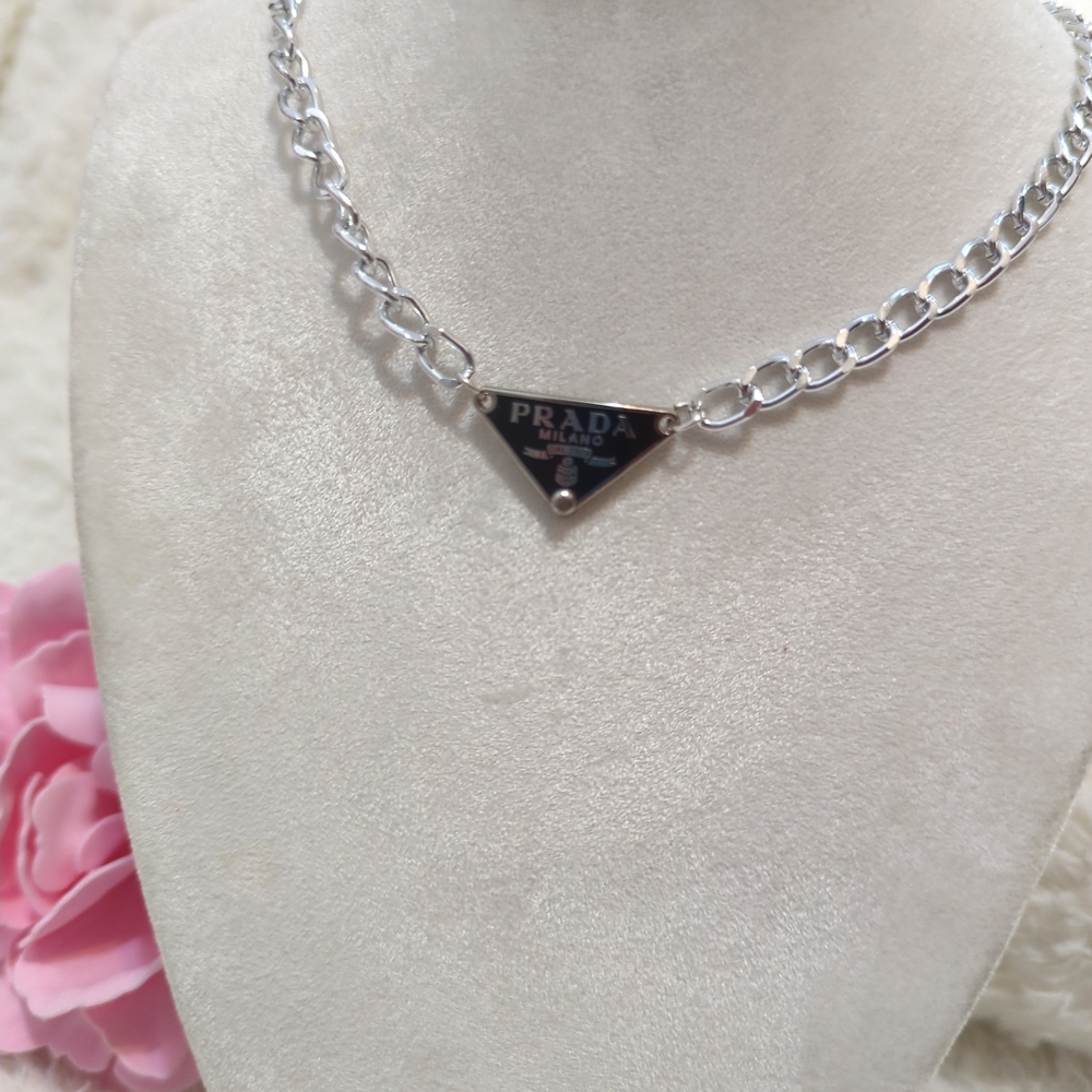 Prada Silver Necklace Upcycled Authentic Prada Charm With Toggle Clasp Trendy - Picture 3 of 6
